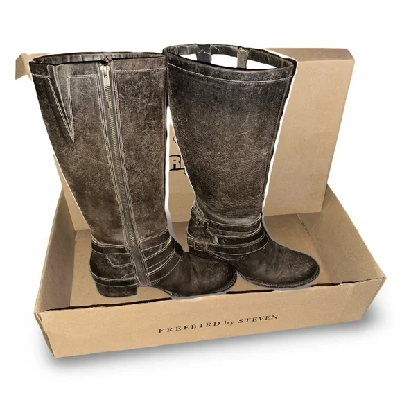 Freebird By Steven Irish Leather Buckle Strap Tall Boots in Stone Womens Sz 7 - Picture 7 of 9